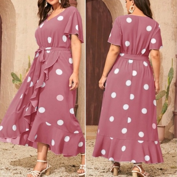 Plus Boho Navy Blue  Polka Dot Ruffle Maxi Dress - Picture 3 of 8